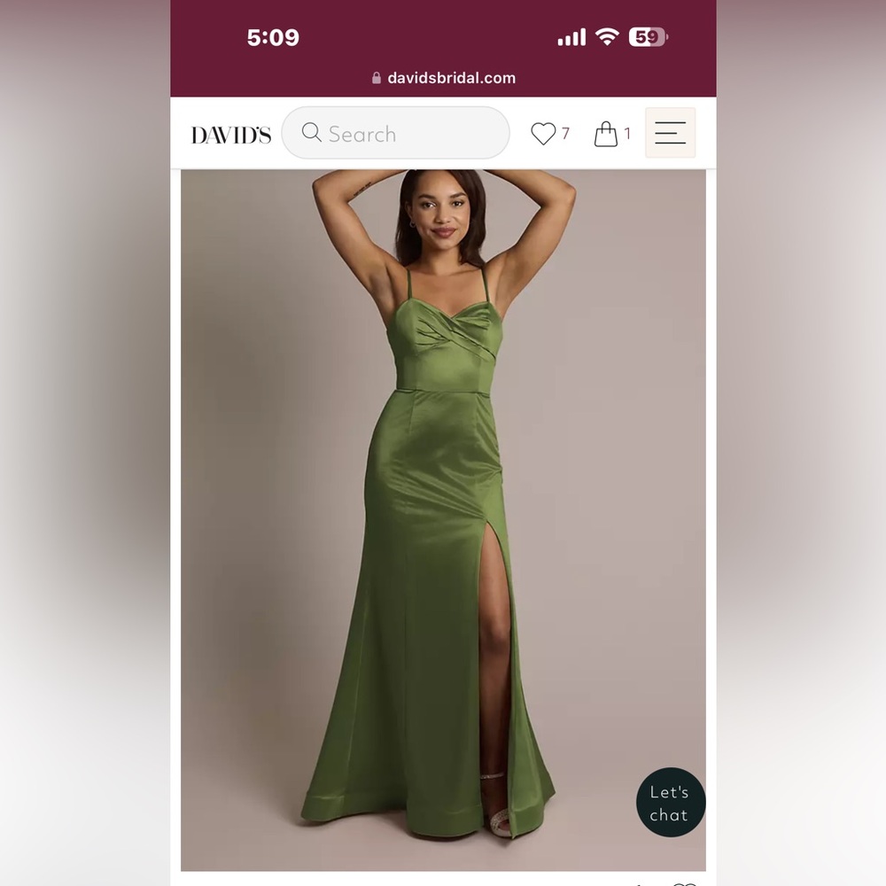 David's Bridal Olive Green Satin Spaghetti-Strap Gown with Side Slit